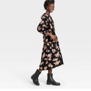 WHO What Wear Long Sleeve black Floral Dress tie pockets midi loose ruffle